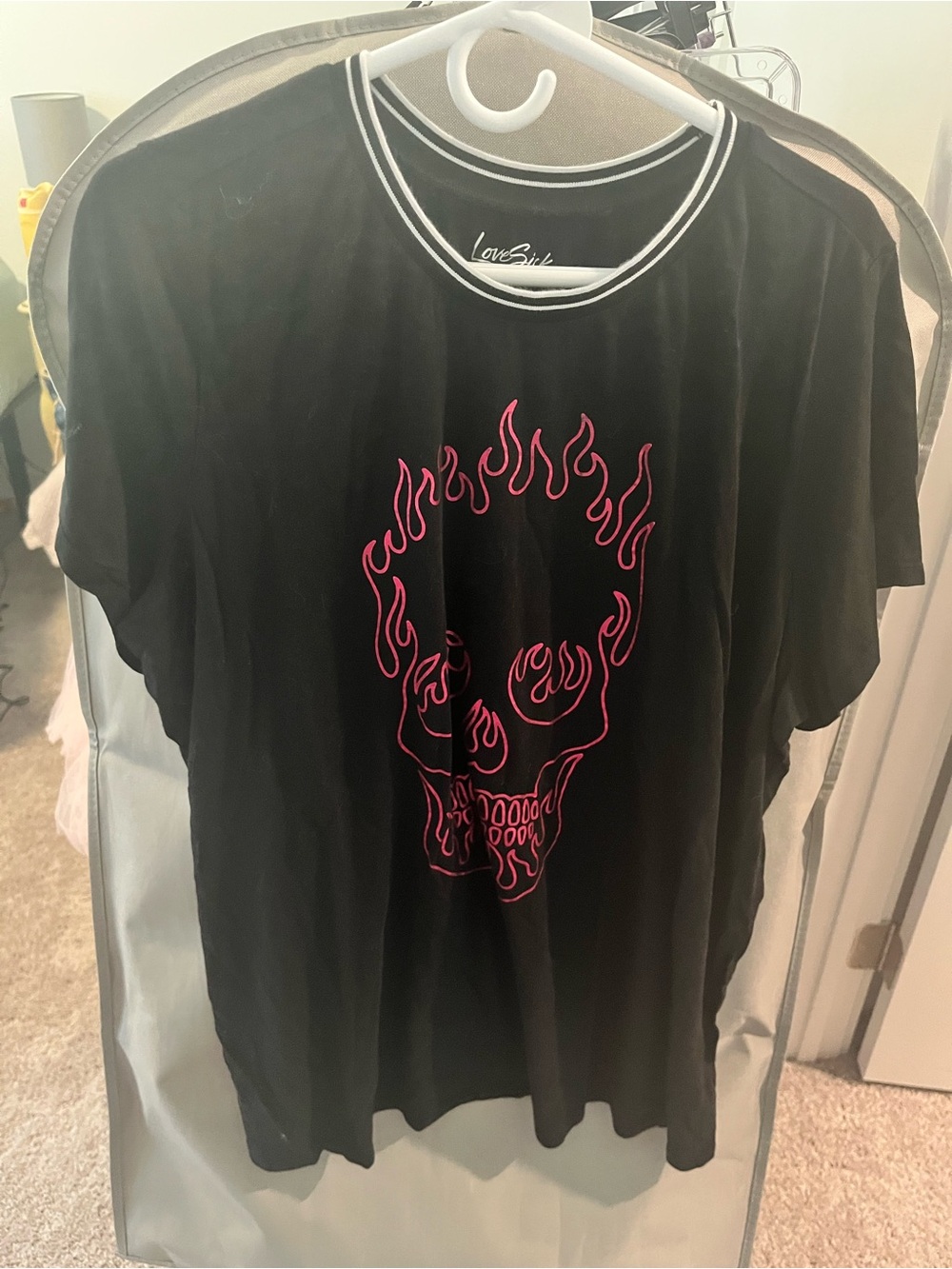 Lovesick Black Tee with Pink Flaming Skull Graphic